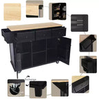 Îlot de cuisine moderne Okak avec plan de travail abattant, chariot de cuisine roulant avec étagères et tiroirs, armoire de rangement et table à manger pliante