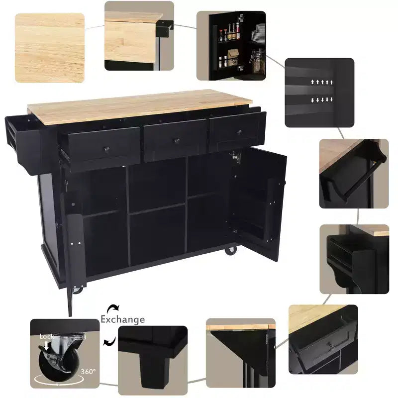 Îlot de cuisine moderne Okak avec plan de travail abattant, chariot de cuisine roulant avec étagères et tiroirs, armoire de rangement et table à manger pliante