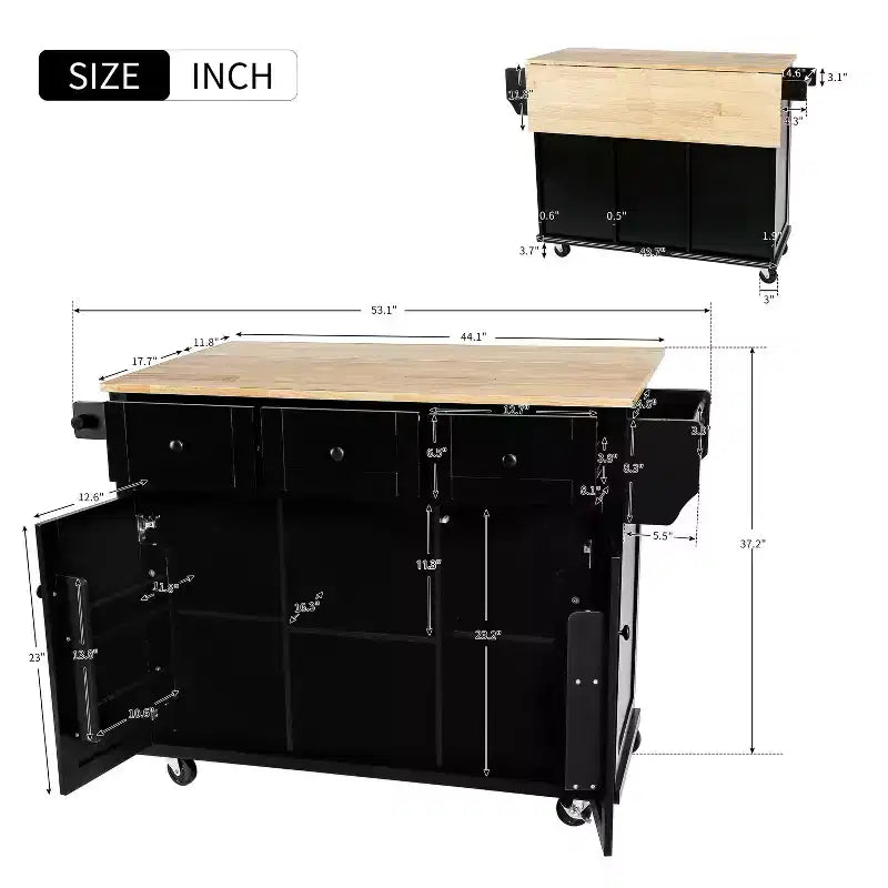 Îlot de cuisine moderne Okak avec plan de travail abattant, chariot de cuisine roulant avec étagères et tiroirs, armoire de rangement et table à manger pliante
