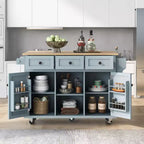 Îlot de cuisine moderne Okak avec plan de travail abattant, chariot de cuisine roulant avec étagères et tiroirs, armoire de rangement et table à manger pliante