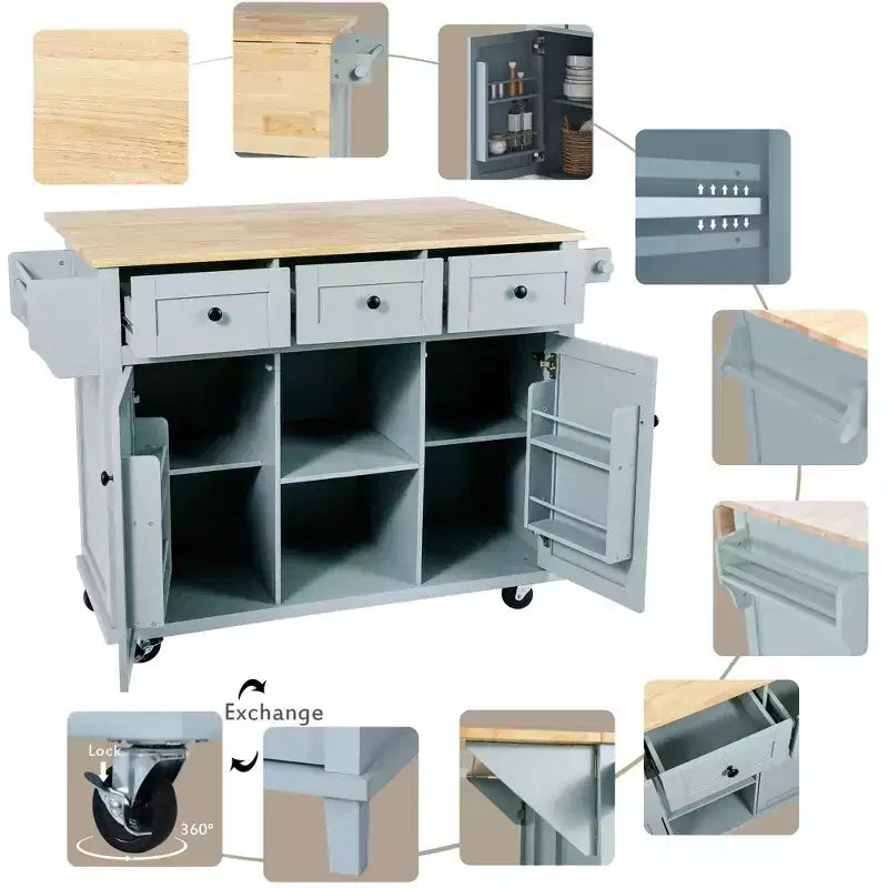 Îlot de cuisine moderne Okak avec plan de travail abattant, chariot de cuisine roulant avec étagères et tiroirs, armoire de rangement et table à manger pliante