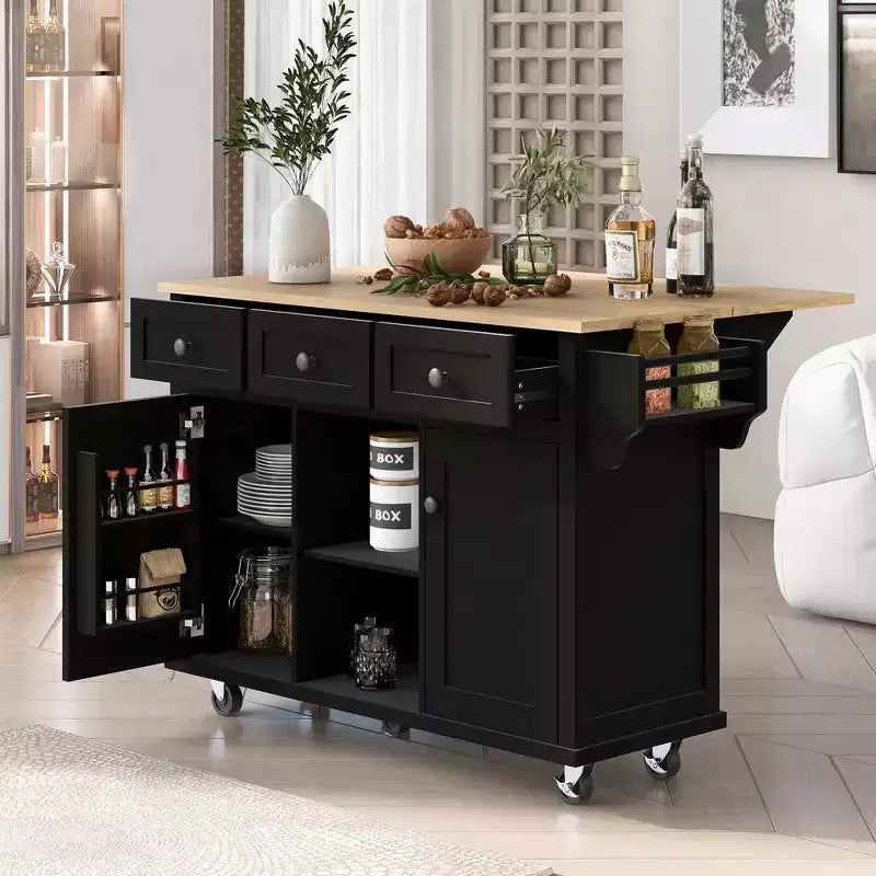 Okak Modrn Kitchen Island with Drop-Leaf Countertop,Rolling Kitchen Cart with Shelves & Drawers,Storage Cabinet Folding Dining Table