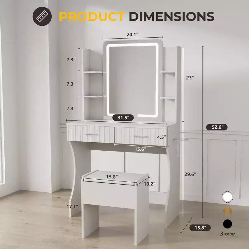 Coiffeuse avec miroir LED éclairé, bureau de vanité avec 3 lumières réglables, coiffeuse blanche avec tabouret de rangement pour chambre à coucher