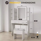 Coiffeuse avec miroir LED éclairé, bureau de vanité avec 3 lumières réglables, coiffeuse blanche avec tabouret de rangement pour chambre à coucher