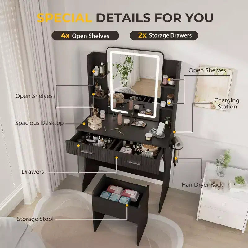 Coiffeuse avec miroir LED éclairé, bureau de vanité avec 3 lumières réglables, coiffeuse blanche avec tabouret de rangement pour chambre à coucher