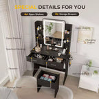 Coiffeuse avec miroir LED éclairé, bureau de vanité avec 3 lumières réglables, coiffeuse blanche avec tabouret de rangement pour chambre à coucher