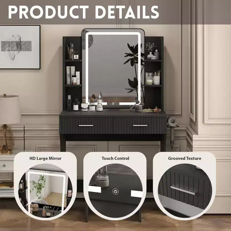 Coiffeuse avec miroir LED éclairé, bureau de vanité avec 3 lumières réglables, coiffeuse blanche avec tabouret de rangement pour chambre à coucher
