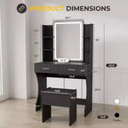 Coiffeuse avec miroir LED éclairé, bureau de vanité avec 3 lumières réglables, coiffeuse blanche avec tabouret de rangement pour chambre à coucher