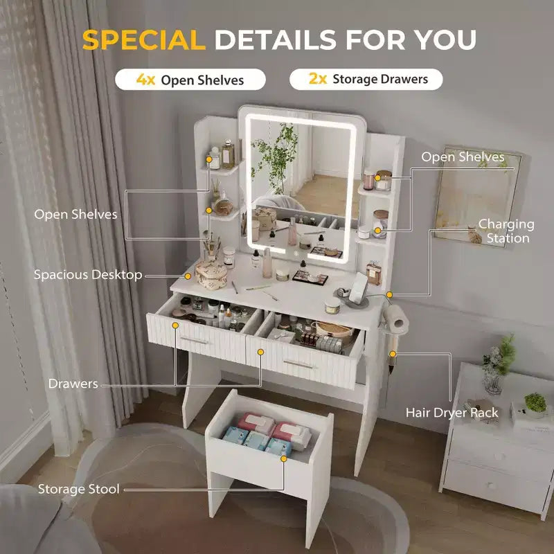 Coiffeuse avec miroir LED éclairé, bureau de vanité avec 3 lumières réglables, coiffeuse blanche avec tabouret de rangement pour chambre à coucher