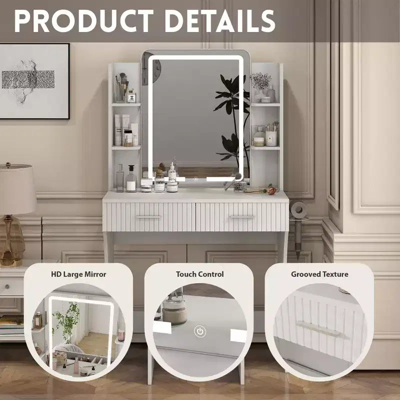Coiffeuse avec miroir LED éclairé, bureau de vanité avec 3 lumières réglables, coiffeuse blanche avec tabouret de rangement pour chambre à coucher