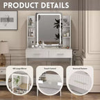 Coiffeuse avec miroir LED éclairé, bureau de vanité avec 3 lumières réglables, coiffeuse blanche avec tabouret de rangement pour chambre à coucher