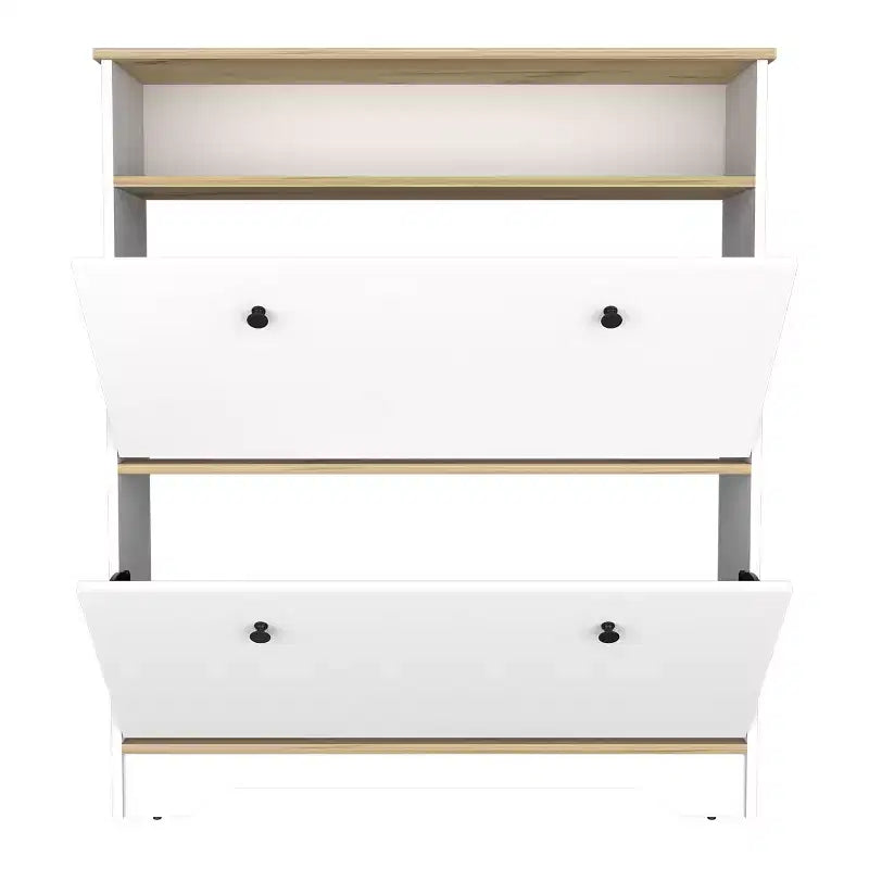 Shoe Rack 46 H, One Open Storage Shelf, Two Internal Storage Drawers, Two Doors, Light Oak / White