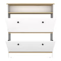 Shoe Rack 46 H, One Open Storage Shelf, Two Internal Storage Drawers, Two Doors, Light Oak / White