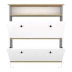 Shoe Rack 46 H, One Open Storage Shelf, Two Internal Storage Drawers, Two Doors, Light Oak / White