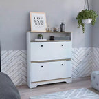 Étagère à chaussures de 46 H, une étagère de rangement ouverte, deux tiroirs de rangement internes, deux portes, chêne clair/blanc