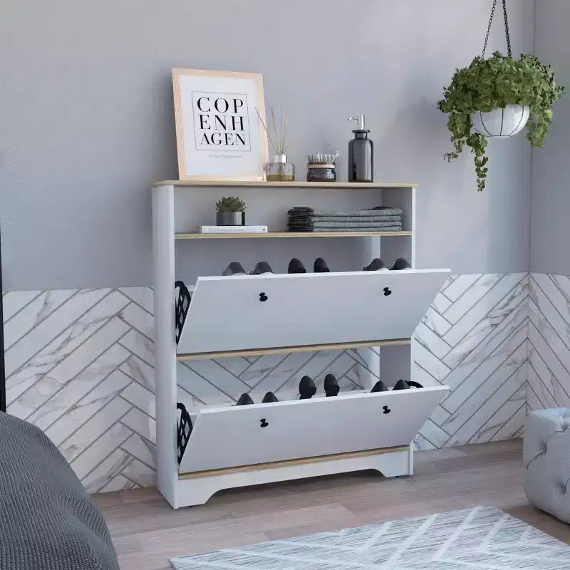 Étagère à chaussures de 46 H, une étagère de rangement ouverte, deux tiroirs de rangement internes, deux portes, chêne clair/blanc