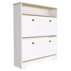 Étagère à chaussures de 46 H, une étagère de rangement ouverte, deux tiroirs de rangement internes, deux portes, chêne clair/blanc