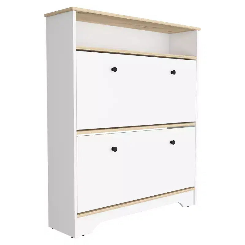 Étagère à chaussures de 46 H, une étagère de rangement ouverte, deux tiroirs de rangement internes, deux portes, chêne clair/blanc