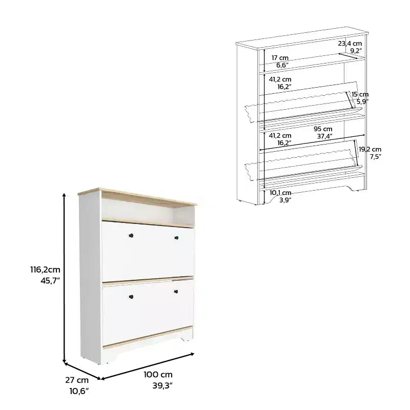 Étagère à chaussures de 46 H, une étagère de rangement ouverte, deux tiroirs de rangement internes, deux portes, chêne clair/blanc