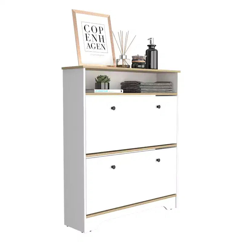 Étagère à chaussures de 46 H, une étagère de rangement ouverte, deux tiroirs de rangement internes, deux portes, chêne clair/blanc