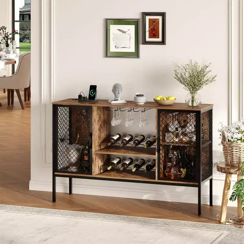 Wood Liquor Cabinet w/Doors, Glass Holders & Storage, Industrial Coffee Bar Cabinet with Led Lights and Power Outlets, for Home Dining Living Room