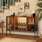 Meuble bar en bois avec portes, porte-verres et rangements, meuble de bar à café industriel avec lumières LED et prises de courant, pour salon et salle à manger