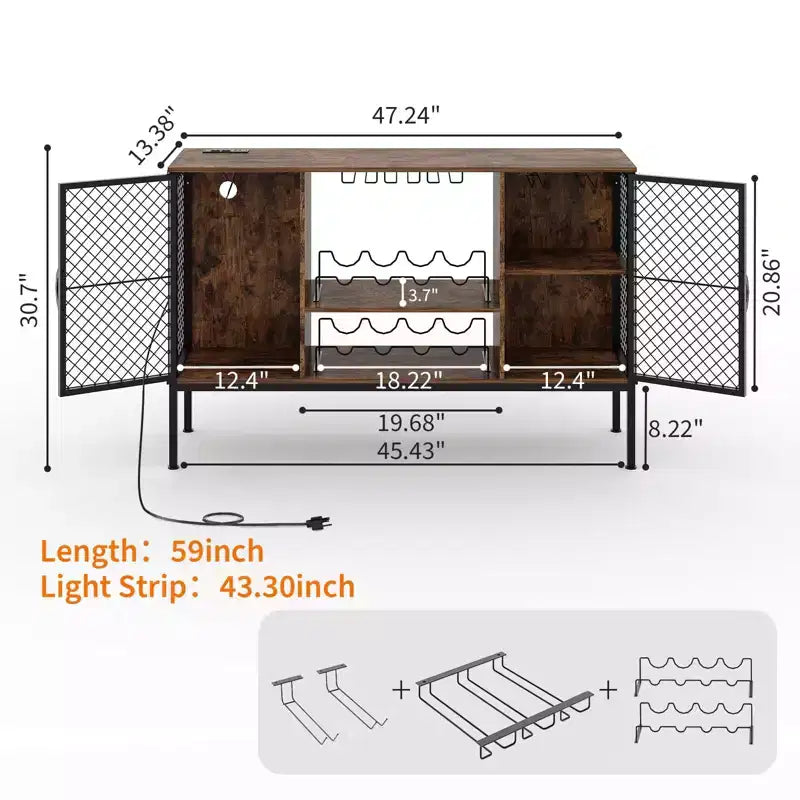 Meuble bar en bois avec portes, porte-verres et rangements, meuble de bar à café industriel avec lumières LED et prises de courant, pour salon et salle à manger