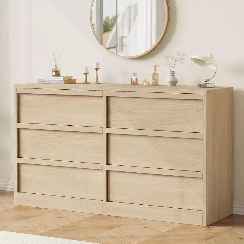 6 Drawer Dresser for Bedroom, 46 in Wide Natural Oak 6 Chest of Drawers with Large Storage