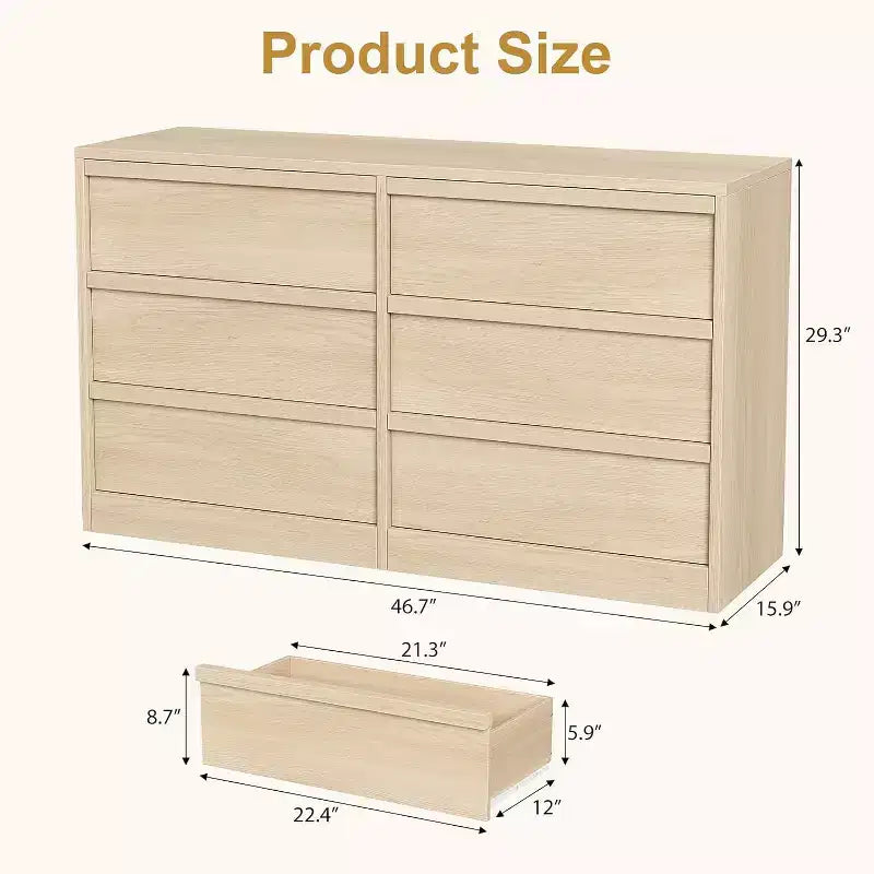 Commode à 6 tiroirs pour chambre à coucher, 117 cm de large, chêne naturel, 6 tiroirs avec grand espace de rangement