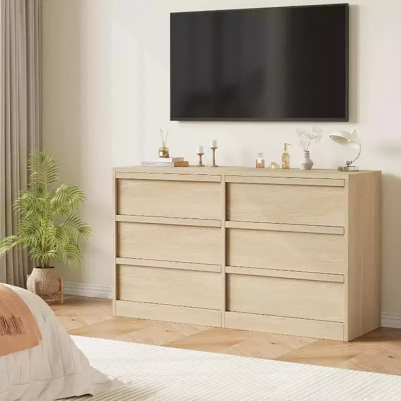 Commode à 6 tiroirs pour chambre à coucher, 117 cm de large, chêne naturel, 6 tiroirs avec grand espace de rangement