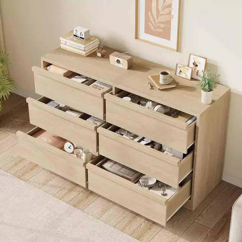 Commode à 6 tiroirs pour chambre à coucher, 117 cm de large, chêne naturel, 6 tiroirs avec grand espace de rangement