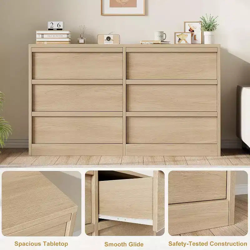 Commode à 6 tiroirs pour chambre à coucher, 117 cm de large, chêne naturel, 6 tiroirs avec grand espace de rangement