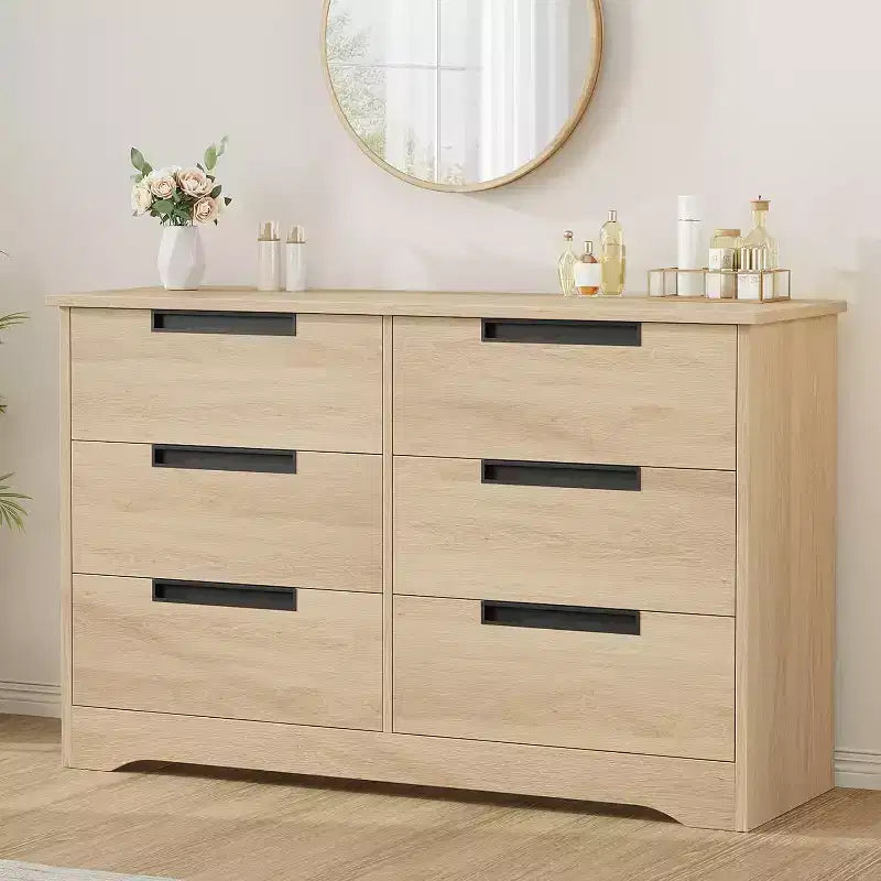 6 Drawer Dresser,Natural Modern Double Dresser Organizer with Embedded Handles Design for Bedroom