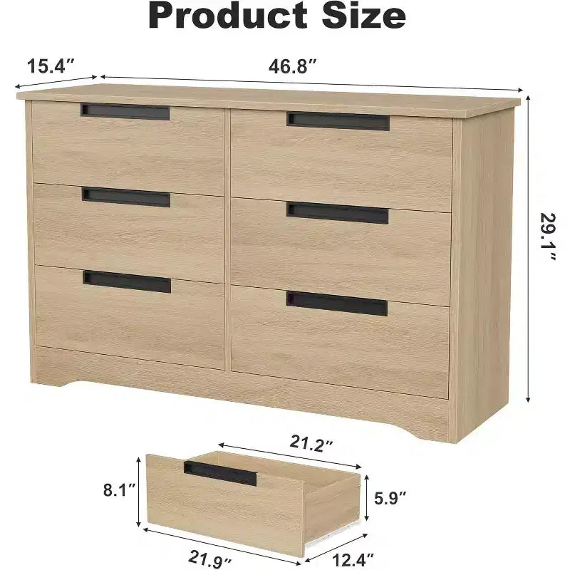 Commode à 6 tiroirs, organisateur moderne et naturel avec poignées intégrées pour chambre à coucher