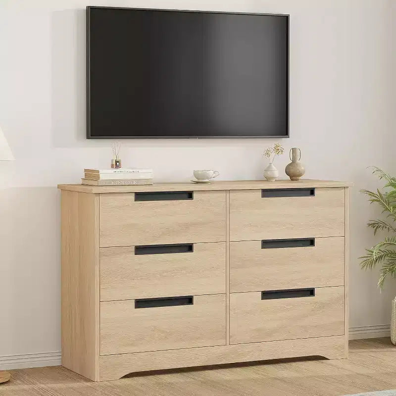 Commode à 6 tiroirs, organisateur moderne et naturel avec poignées intégrées pour chambre à coucher
