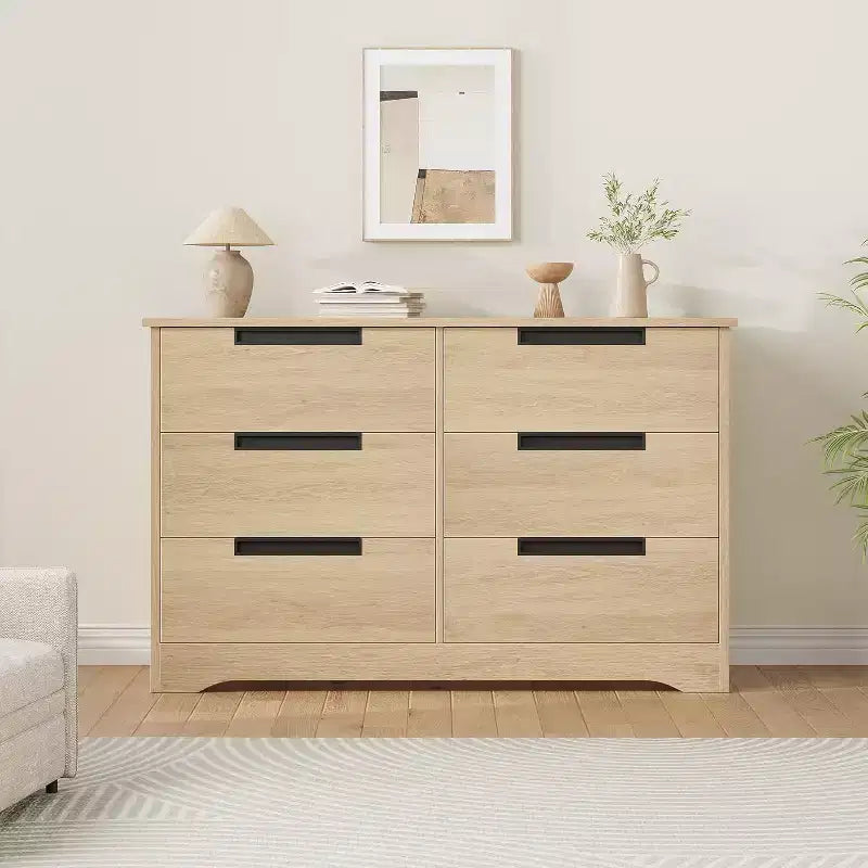 Commode à 6 tiroirs, organisateur moderne et naturel avec poignées intégrées pour chambre à coucher