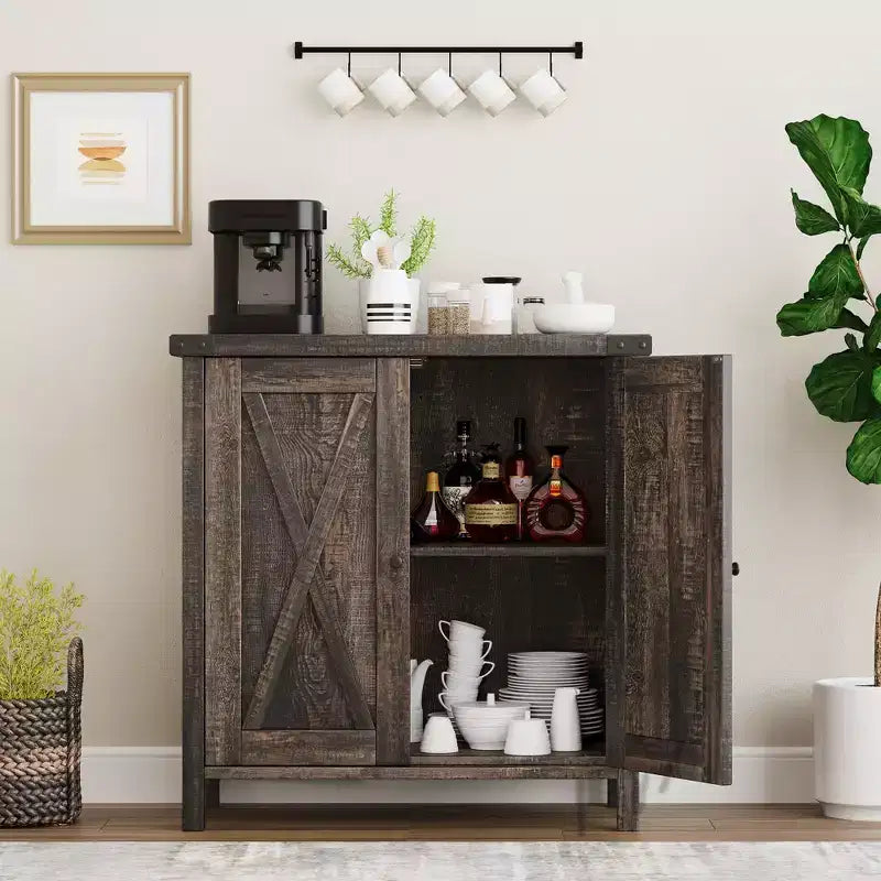 Étagère réglable et 2 portes coulissantes, buffet de style fermier, pour salon, salle à manger