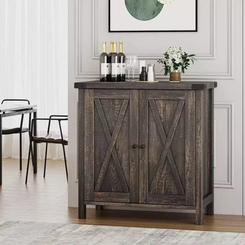 Étagère réglable et 2 portes coulissantes, buffet de style fermier, pour salon, salle à manger