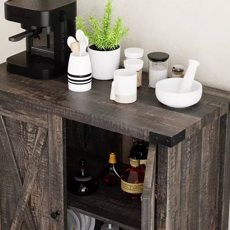 Étagère réglable et 2 portes coulissantes, buffet de style fermier, pour salon, salle à manger
