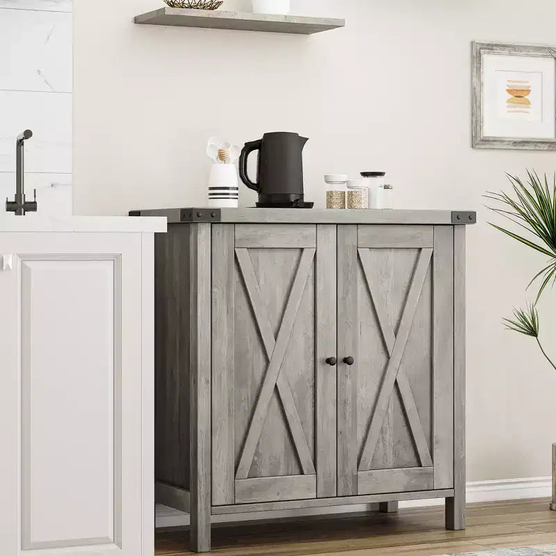 Étagère réglable et 2 portes coulissantes, buffet de style fermier, pour salon, salle à manger