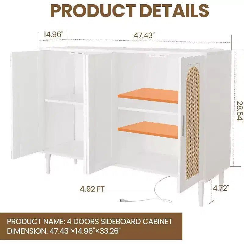 Bahut en bois avec 4 portes, Buffet en rotin, Pour entrée, couloir, salle à manger, salon,