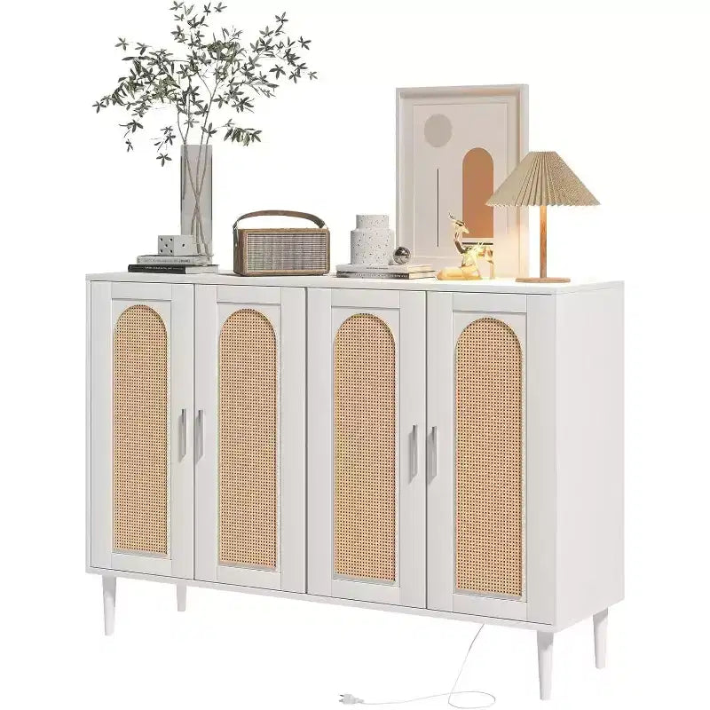 Bahut en bois avec 4 portes, Buffet en rotin, Pour entrée, couloir, salle à manger, salon,