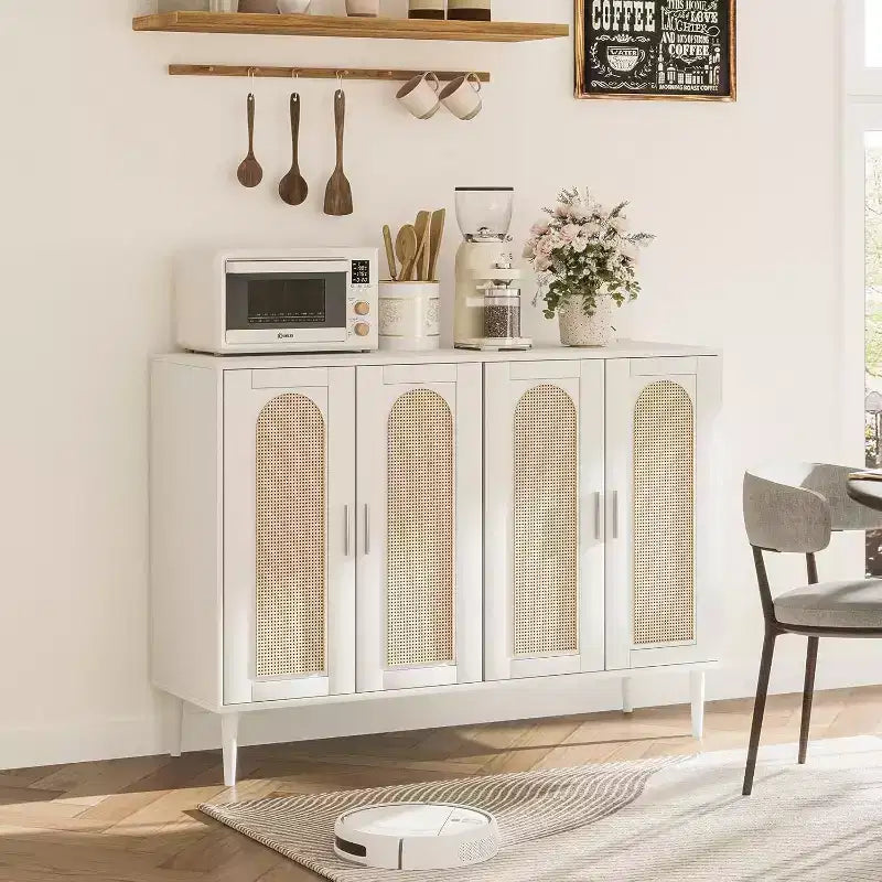 Bahut en bois avec 4 portes, Buffet en rotin, Pour entrée, couloir, salle à manger, salon,