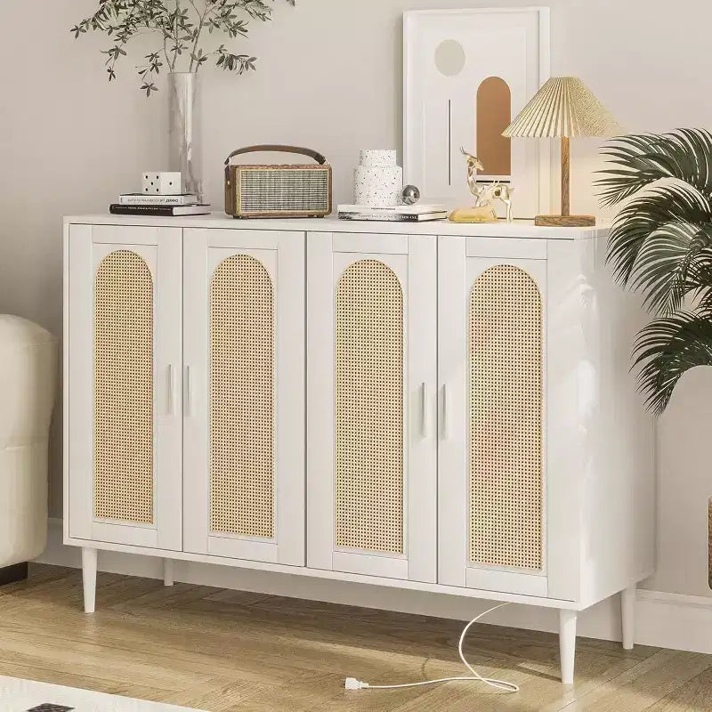 Bahut en bois avec 4 portes, Buffet en rotin, Pour entrée, couloir, salle à manger, salon,