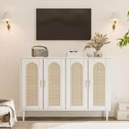 Bahut en bois avec 4 portes, Buffet en rotin, Pour entrée, couloir, salle à manger, salon,