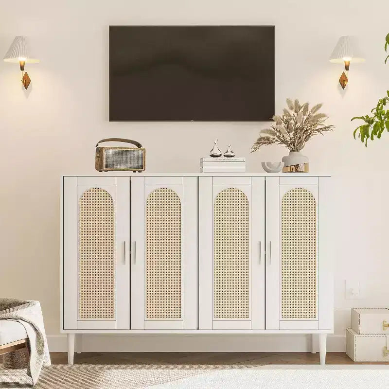 Bahut en bois avec 4 portes, Buffet en rotin, Pour entrée, couloir, salle à manger, salon,