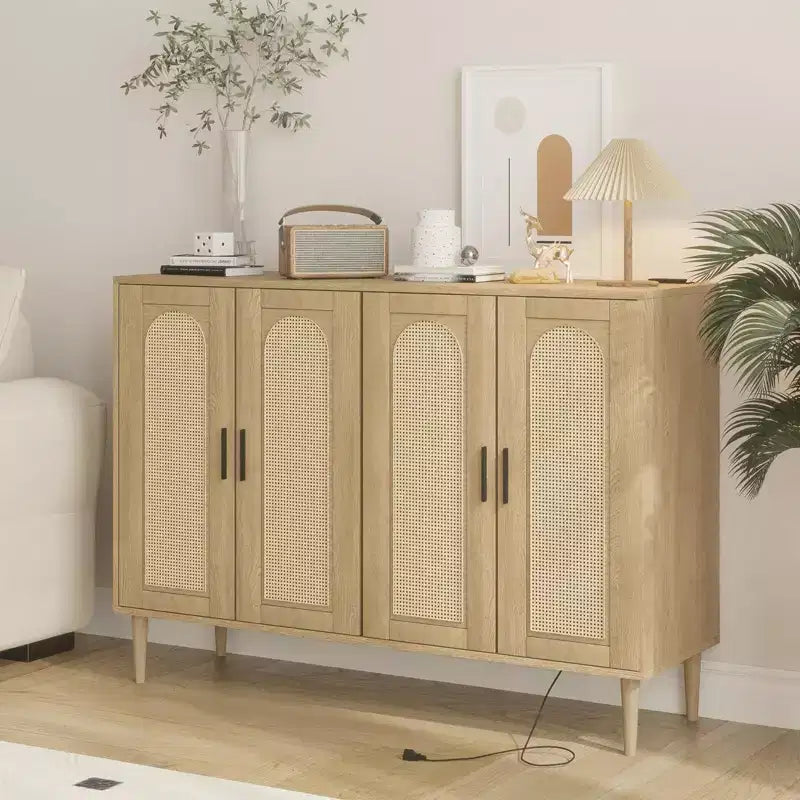 Bahut en bois avec 4 portes, Buffet en rotin, Pour entrée, couloir, salle à manger, salon,