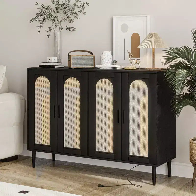 Bahut en bois avec 4 portes, Buffet en rotin, Pour entrée, couloir, salle à manger, salon,