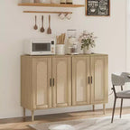 Bahut en bois avec 4 portes, Buffet en rotin, Pour entrée, couloir, salle à manger, salon,