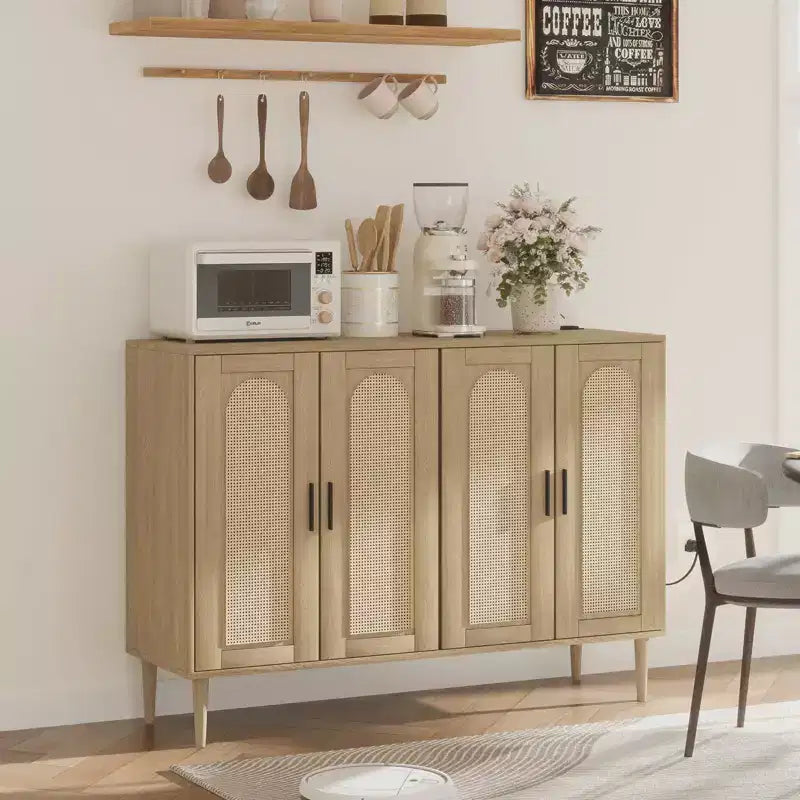 Bahut en bois avec 4 portes, Buffet en rotin, Pour entrée, couloir, salle à manger, salon,